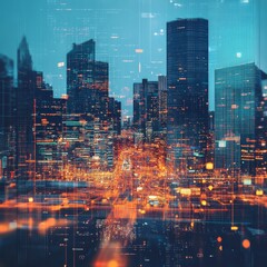 Obraz premium Vibrant Urban City Skyline at Night with Digital Effects and Sparkling Lights