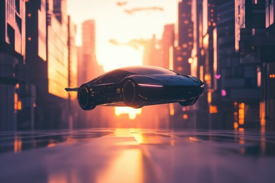 A futuristic flying car soars above a city street at sunset, showcasing advanced technology and sleek design.