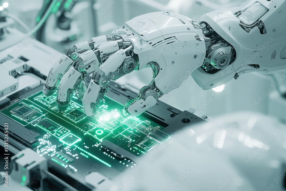 Poster a robotic arm delicately interacts with a circuit board, showcasing advanced automation in technolog