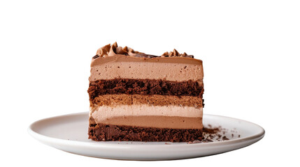 Delicious chocolate cake slice resting on white plate with transparent background