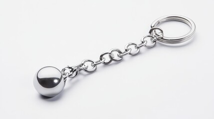 A shiny silver keychain with a decorative charm, placed on a white background, on a white isolated background