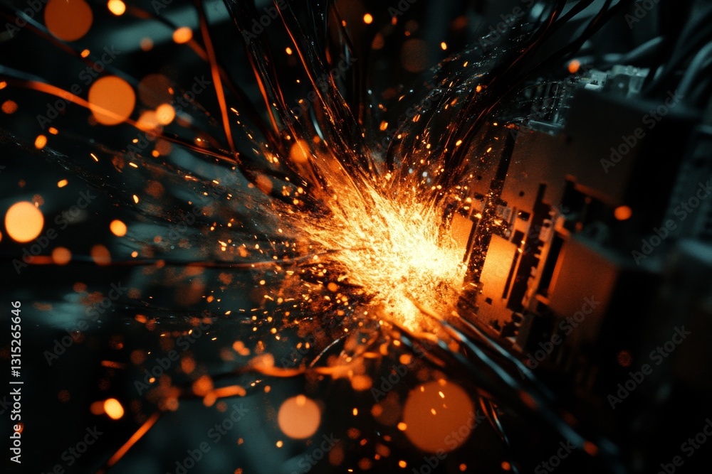 Poster a stunning close-up image capturing electric sparks erupting from a circuit board. the glowing parti