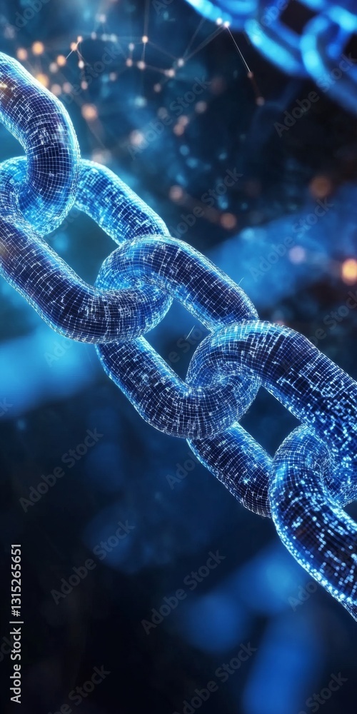 Poster futuristic blue digital chain with glowing links representing data connectivity and technology