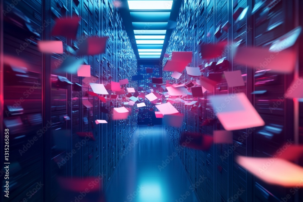 Poster a high-tech server room showcases digital data flow with floating files amidst a vibrant blue and re