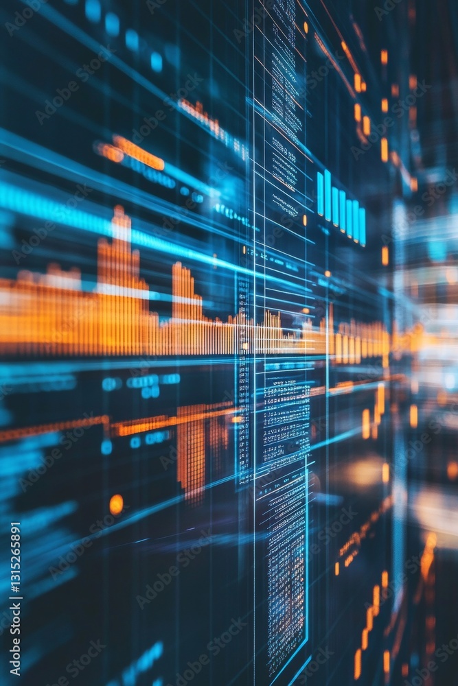 Poster dynamic data visualization with abstract graphs and waveforms in blue and orange tones