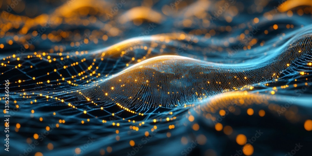 Poster a computer generated image of a wave with a lot of glowing dots. the image has a futuristic and abst