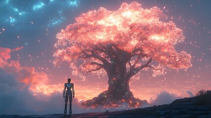 Fototapeta premium Robot Standing in Front of a Giant Glowing Tree Under Colorful Sky