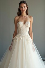 Fototapeta premium Elegant Woman Wearing Beautiful Wedding Dress with Lace and Tulle