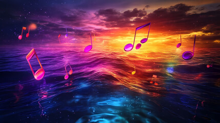 vibrant neon musical notes
