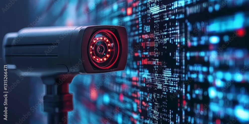 Poster a high-tech surveillance camera stands against a glowing digital data background, showcasing innovat