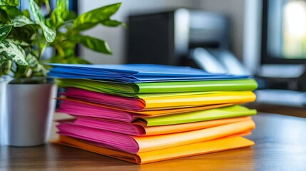 A clean office space with vibrant file folders arranged neatly on a table, a printer, and organized files in the background, emphasizing the various files