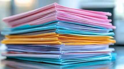 A neatly arranged office space with colorful file folders stacked on a table, a printer, and organized files in the background, with attention to the various files