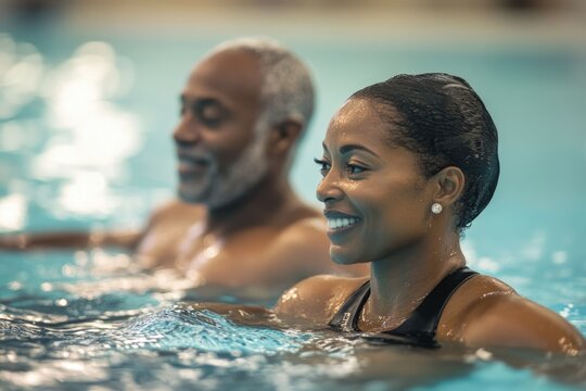 Diverse Adults Engaging in Aquatic Fitness: Water Aerobics Class in a Lively Swimming Pool