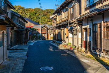 Beautiful later afternoon sight in Ine Bay, with the typical Funaya boat houses. Kyoto, Japan.