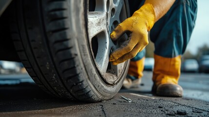 Fototapeta premium Mechanic Fixing a Flat Tire Punctured by Nail or Screw: Car Maintenance and Repair Concept