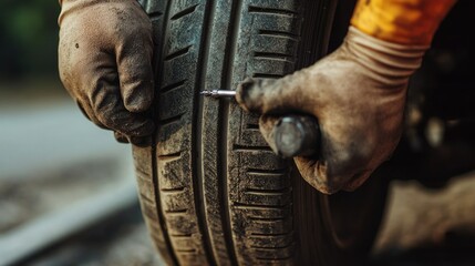 Mechanic Fixes Punctured Flat Tire: Repairing Rubber Wheels from Nails and Screws for Car Maintenance