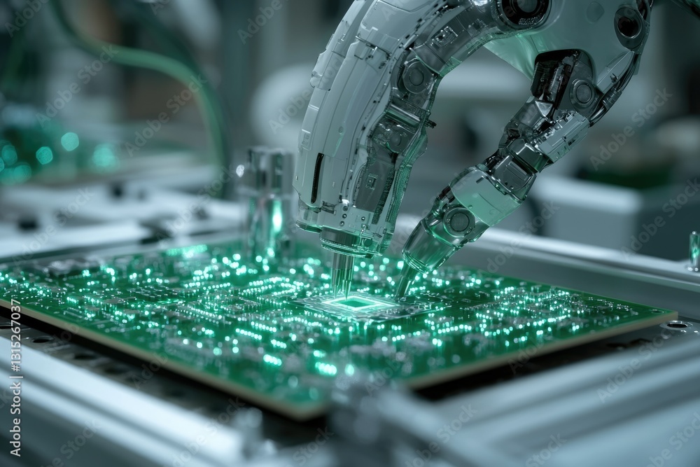 Poster robotic arm precisely placing a microchip onto a circuit board during automated manufacturing.