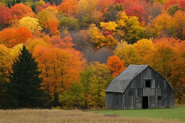 Rustic Barn in Gatineau Park: A Serene Autumn Landscape Amidst Old Farm Fields