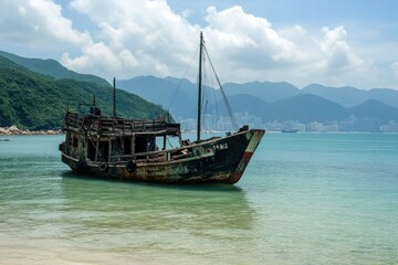 Obraz premium Sunken Vessel: Historic Shipwreck on Hong Kong's Coastline