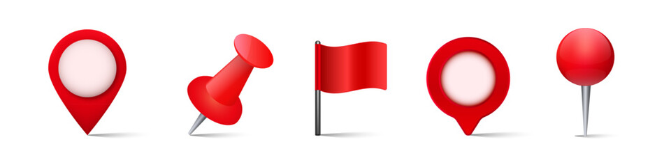 Obraz premium Various red map markers and pins showcase their use for location, navigation, and identification.