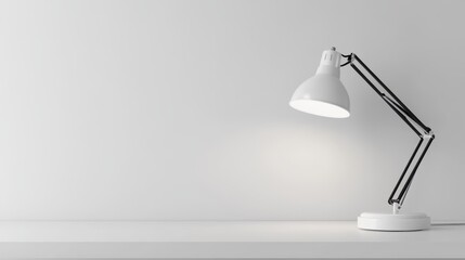 A modern desktop lamp with adjustable arms, standing on a clean desk, on a white isolated background