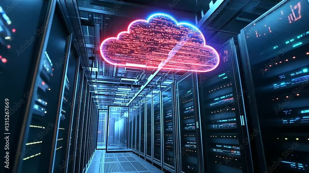 Poster a cloud-shaped hologram above a server room, with flickering lights on the server racks symbolizing 