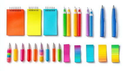 Obraz premium A set of colorful sticky notes and pens, arranged neatly on a desk, on a white isolated background