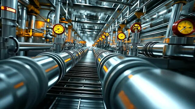 A complex arrangement of gas pipelines crossing in different directions within a modern oil and gas production plant, with pressure gauges and safety valves attached along the leng