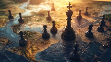 Chess Pieces Strategically Positioned on a World Map Background