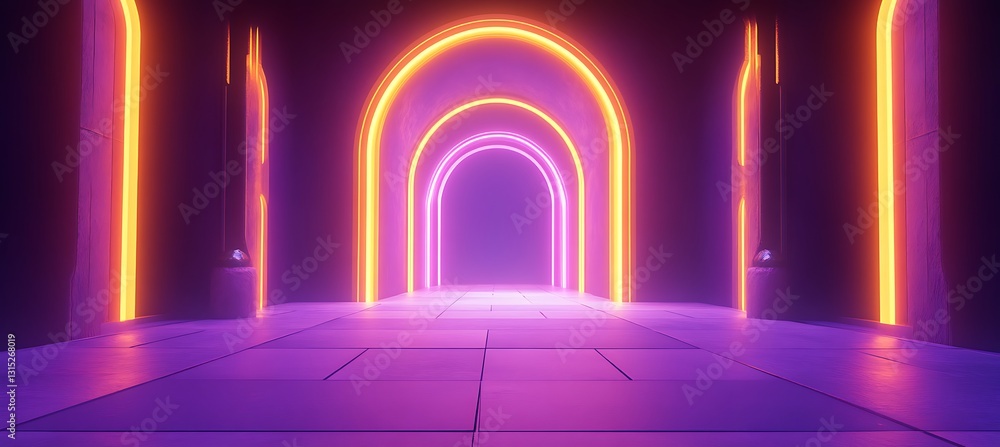 Poster a dreamlike background with beige neon arches forming a luminous portal in a soft abstract backdrop