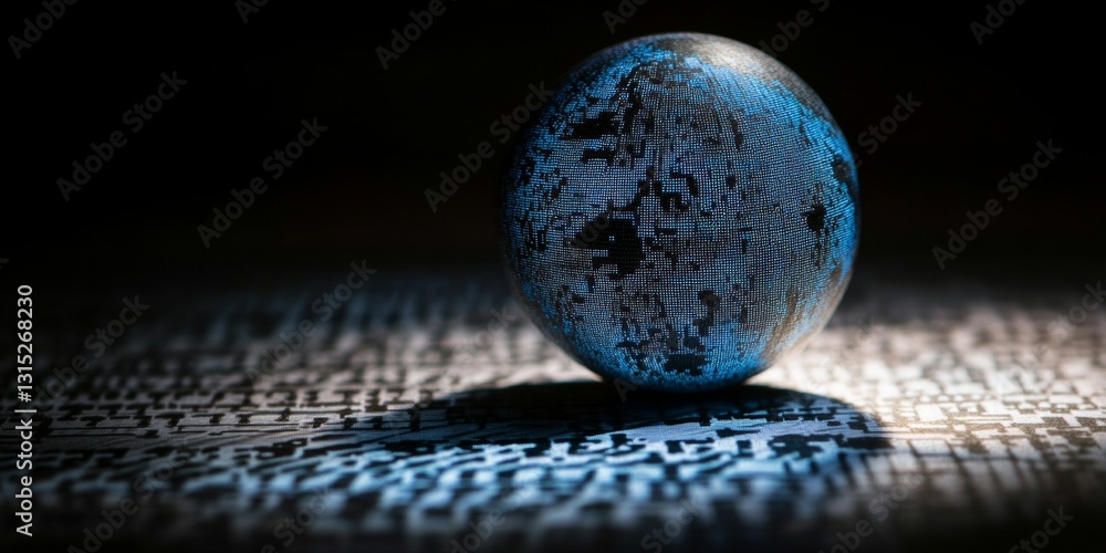 Poster a blue sphere with a black background. the sphere is surrounded by a pattern of letters and numbers
