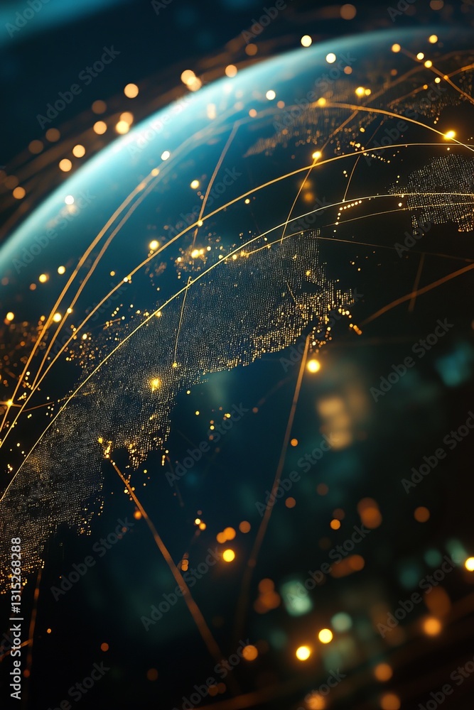 Poster dynamic abstract image of a glowing globe featuring digital connections and light trails, symbolizin