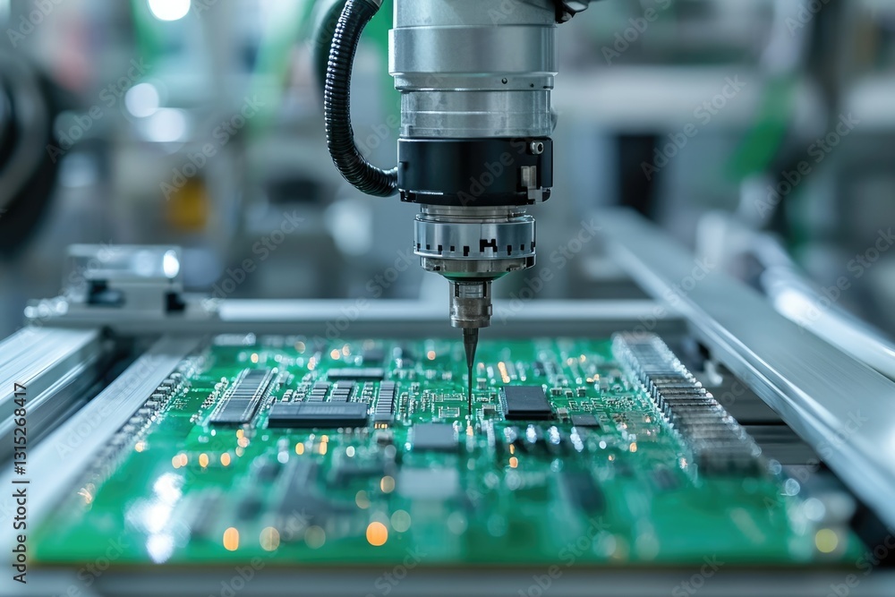 Poster automated robotic arm precisely placing components onto a circuit board during manufacturing.