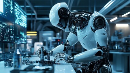 Fototapeta premium Robotics Futuristic Robot Perspective Assembling Parts