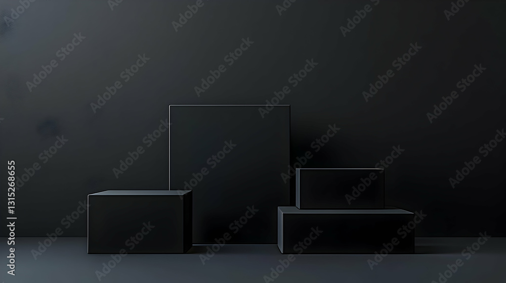 Poster dark minimalist product display with black podiums and frame on a black background with subtle light