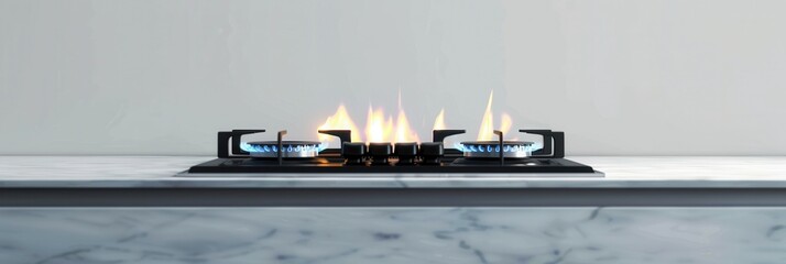 Gas flame burns brightly on a gas stove set against a clean white background creating a modern cooking ambiance in the kitchen