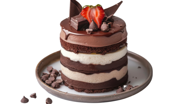 Delicious layered chocolate cake with chocolate shavings, strawberry and chocolate chips on transparent background