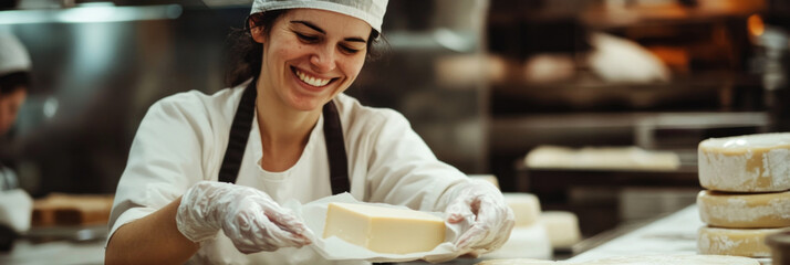 A female cheesemaker smiles while wrapping a freshly made wheel of cheese in wax paper, highlighting the personal touch and care involved in her artisanal production, banner