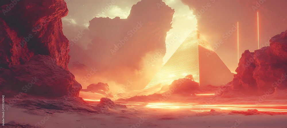 Poster a soft and elegant neon pyramid illuminating the night desert with a unique abstract backdrop and ba