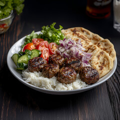 Balkan Ćevapi Plate with Rice, Pita Bread, and Fresh Salad