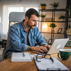 focused concentrated man work on laptop from home office