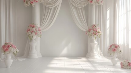 White columns topped with a peaceful floral arrangement of pink and white flowers offer an elegant setting for celebrations