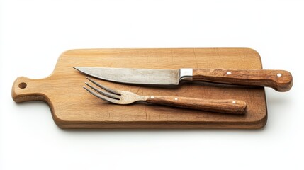 A wooden carving knife and fork set placed on a kitchen cutting board, on a white isolated background