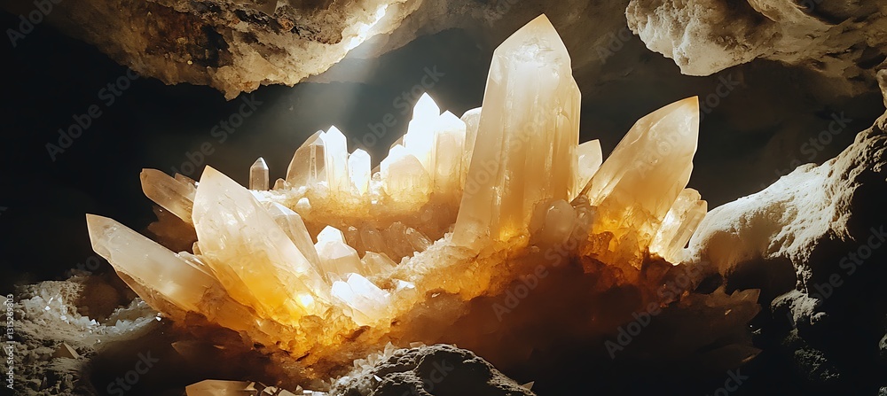 Poster ethereal backdrop of glowing beige neon crystals forming an abstract pattern in a mysterious cave ba