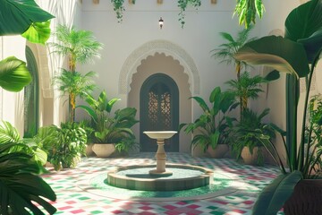 Sunlit Moroccan courtyard with lush greenery, intricate arches, and a tranquil fountain.