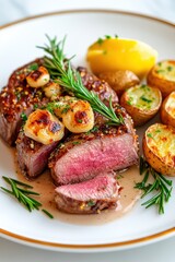Deliciously grilled beef tenderloin served with roasted potatoes and fresh lemon slices