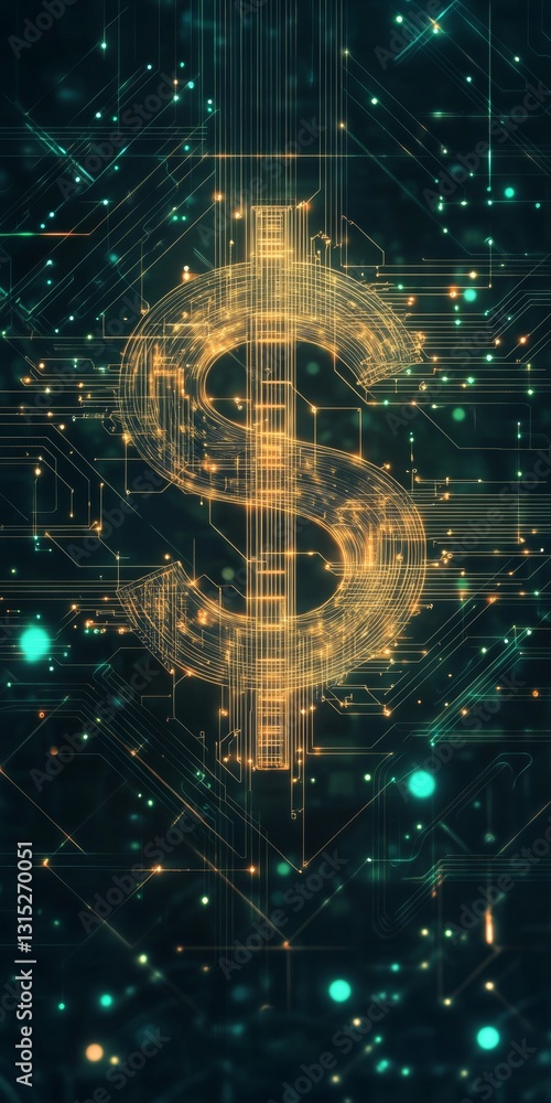 Poster a dollar sign is displayed in a digital format, surrounded by a network of lines and dots. concept o