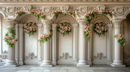 A tranquil scene with white columns decorated by pink flowers, ideal for weddings or sophisticated gatherings