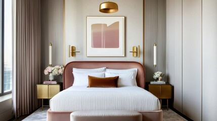Fototapeta premium Art Deco minimalist bedroom, deep muted tones, rounded bed with velvet upholstery, sculptural brass nightstands, gold pendant lamp, soft pastel abstract