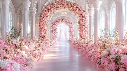 An idyllic backdrop with sophisticated columns graced by pink and white flowers, perfect for events or photography